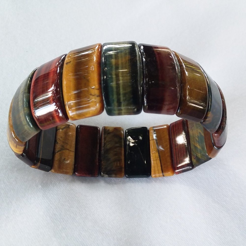 Bracelet Semi-Precious Tiger Eye Gemstone Stretch Multi Color - Picture 3 of 5